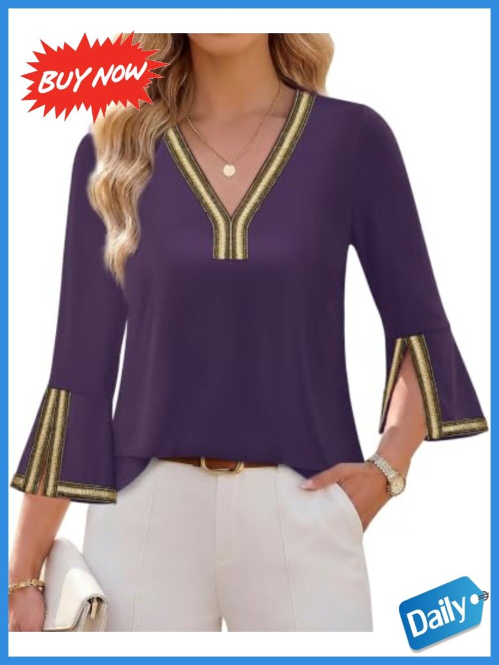 Womens 3/4 Sleeve V-Neck Tunic Top Blouse Sparkly Trim Dressy Casual